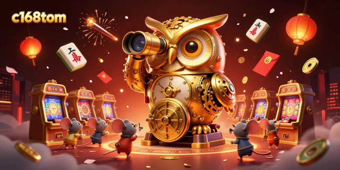 Engage with c168tom's exciting gaming scene featuring a golden owl overseeing vibrant casino activities.