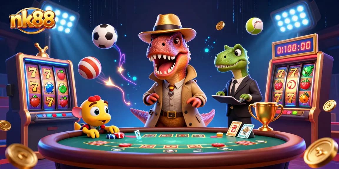 Engage in thrilling gameplay at nk88 with a dynamic casino scene featuring unique 3D characters.