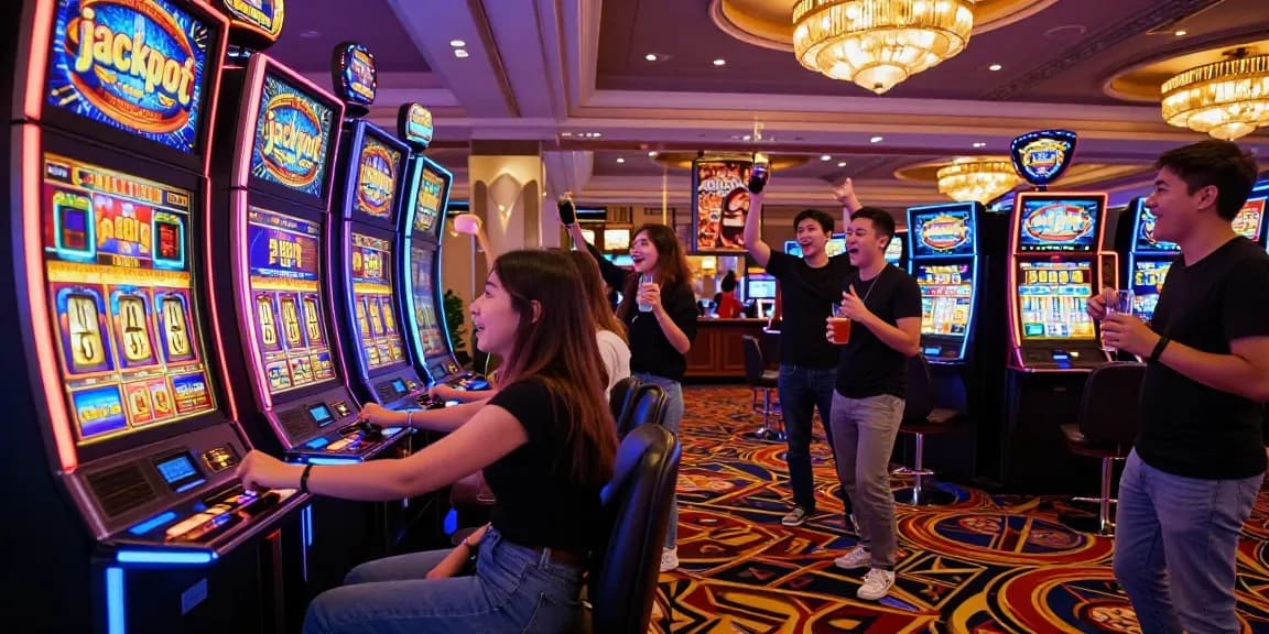 Exciting slot gacor gaming scene with players celebrating at vibrant casino machines