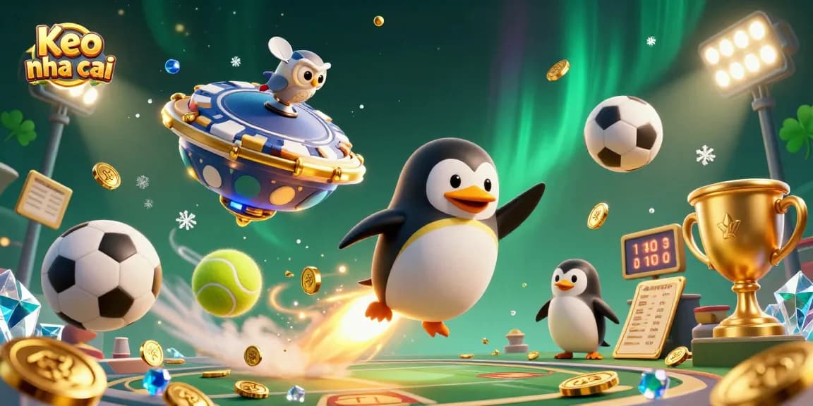 Bet on Keo nha cai with a golden penguin in a vibrant casino space themed scene.