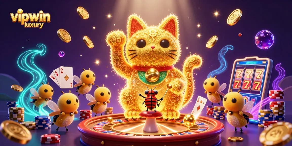 Experience the wealth of vipwin luxury with an enchanting 3D gaming illustration of a lucky cat amidst sparkling coins and casino symbols.