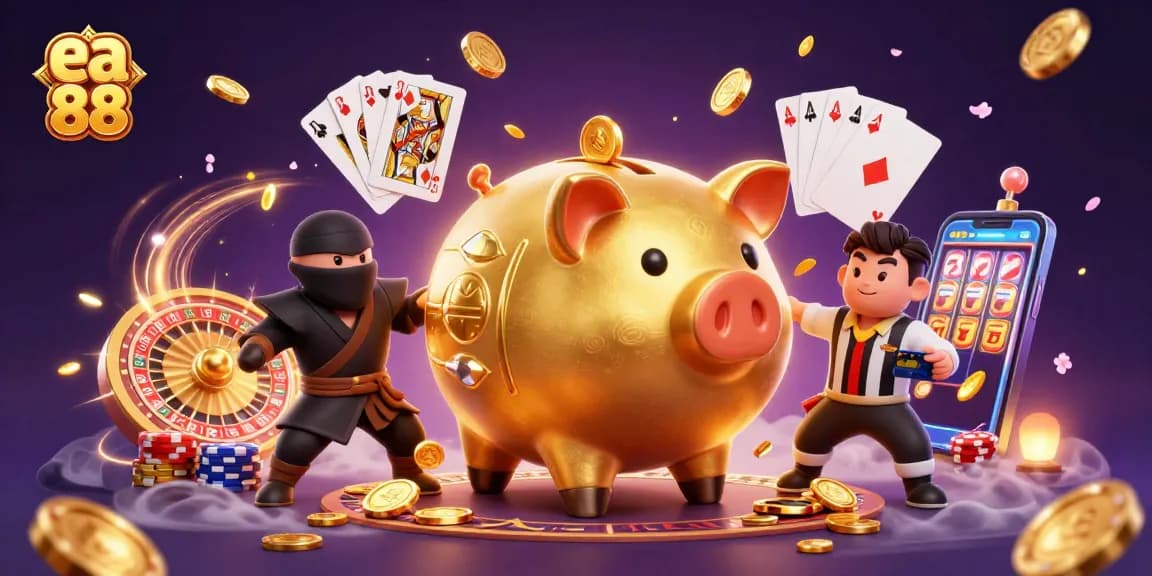 ea 88 showcases high-energy casino scene with a sumo wrestler piggy bank, coins flying.