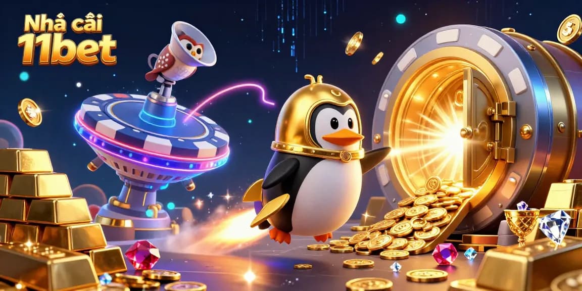 Experience the excitement at Nhà cái 11bet with vibrant, gold-themed casino elements and a dynamic penguin spacecraft.