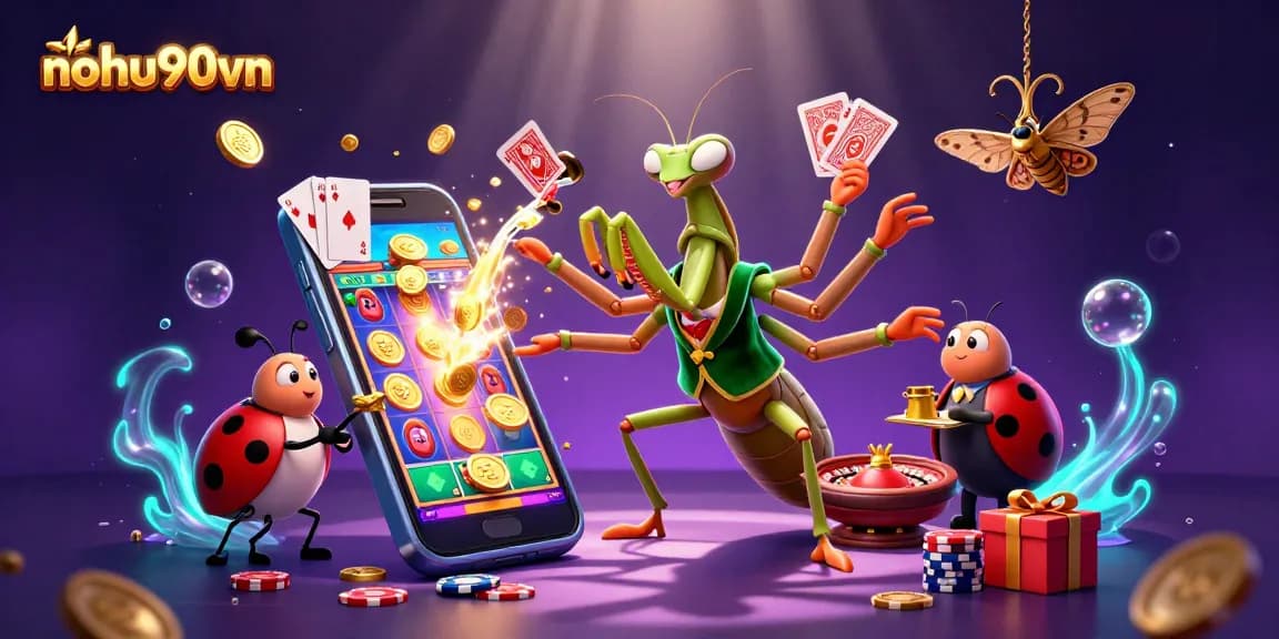 Experience the thrilling casino environment with nohu90vn as a praying mantis card sharp directs a lively game surrounded by slots and chips.