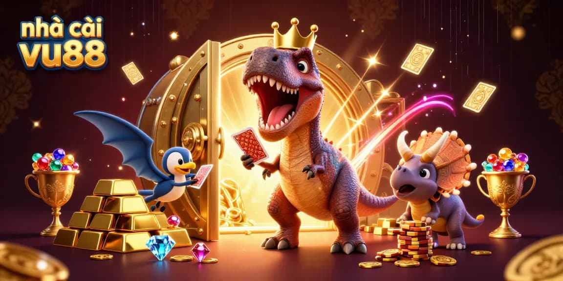 Enhance your gaming experience with nhà cái vu88, featuring a fun T-Rex shuffling cards amidst golden treasures.