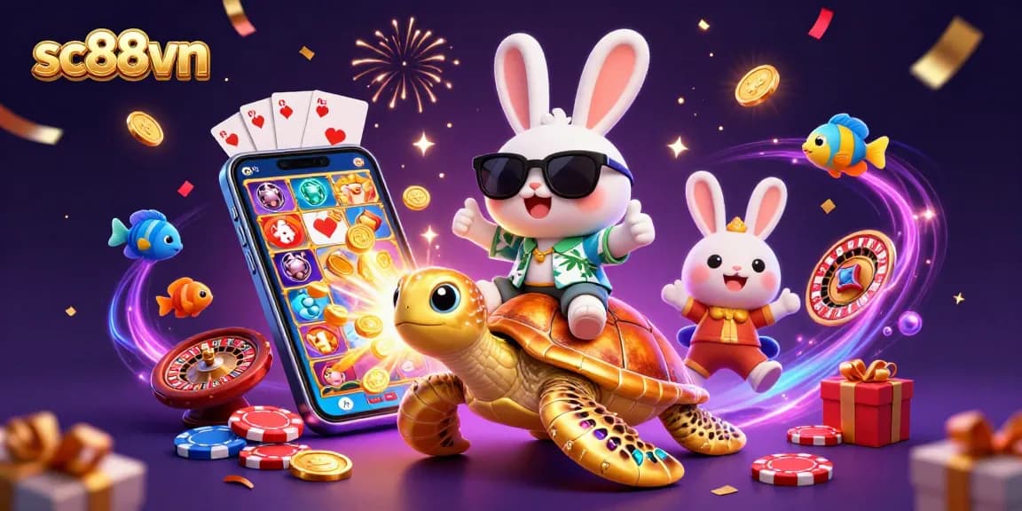 Experience the excitement at sc88vn with a lucky rabbit and golden turtle amidst slot games.