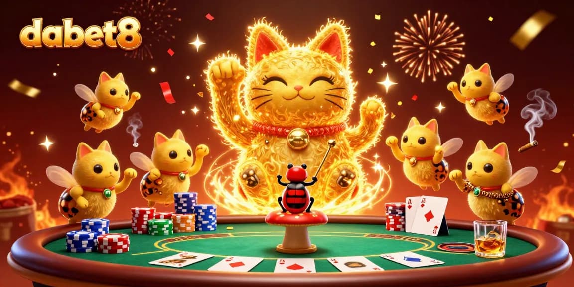 Experience thrilling gaming with dabet8's vibrant 3D illustration depicting an enchanting lucky cat and poker elements.