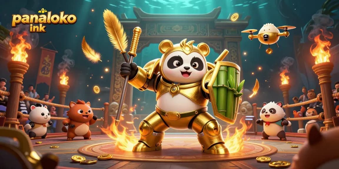 Join the excitement with panaloko ink in this vibrant 3D illustration of a casino arena featuring a golden panda mech and engaging game elements.
