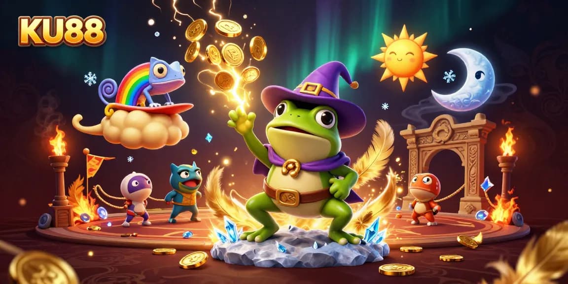Experience thrilling wins at KU88 with a dynamic 3D illustration of gaming excitement and golden coins.