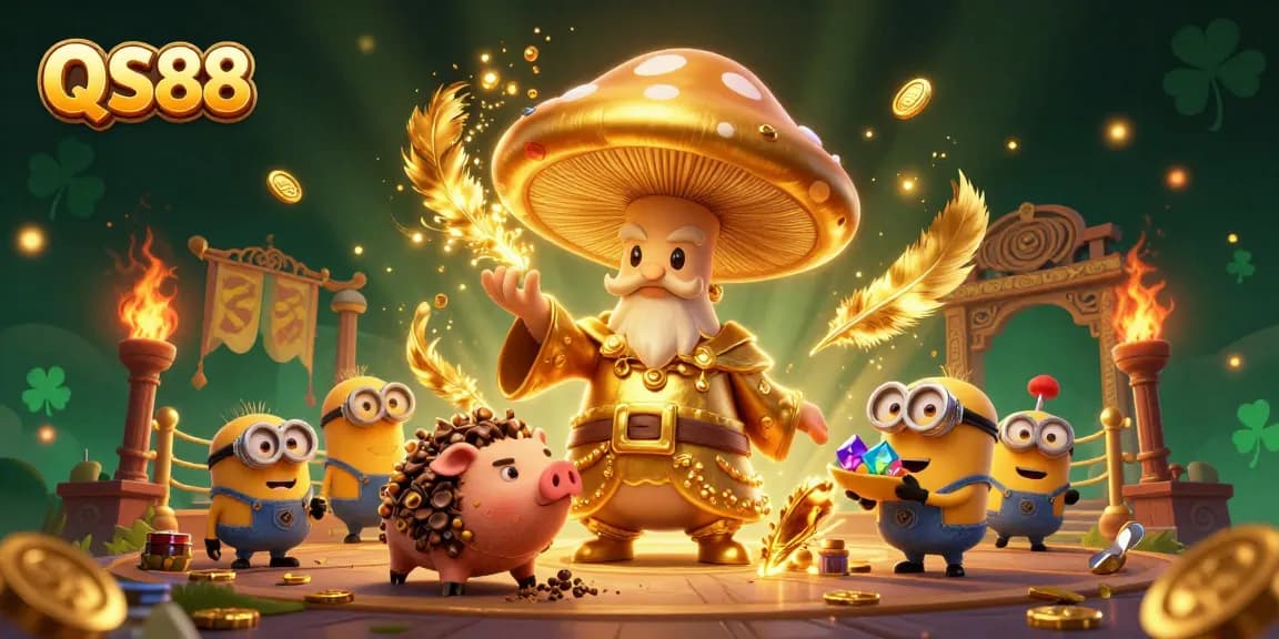 Experience the magic of QS88 with a golden mushroom wizard and treasures in a vibrant casino scene.