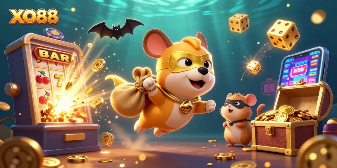 Engage with XO88's thrilling adventure as a superhero dog collects gold coins in a vibrant casino scene.
