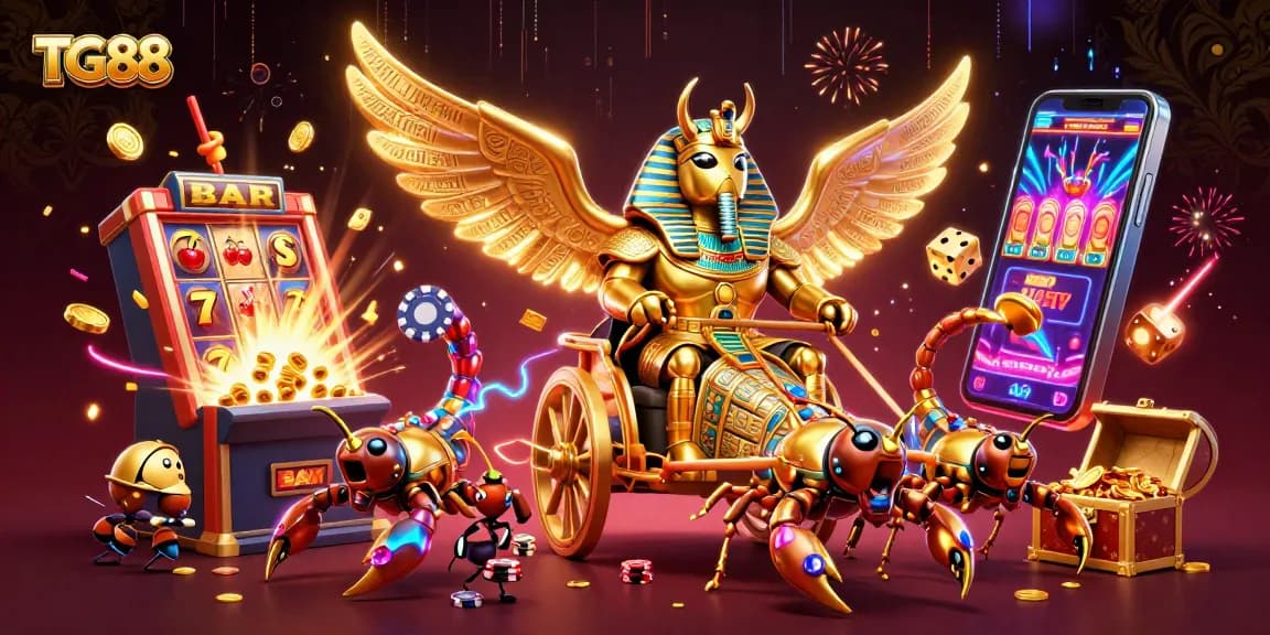 Experience the excitement of TG88 with a golden scarab and casino elements bursting with action.