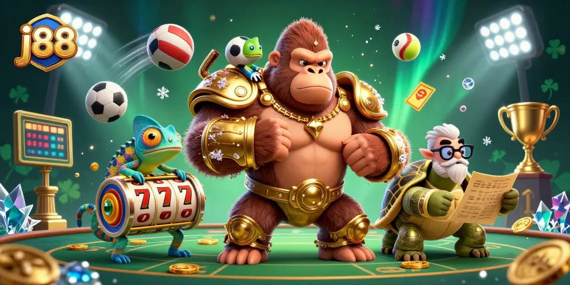 Engaging j88 scene with a powerful gorilla, chameleon, and tortoise amidst dynamic gambling elements.
