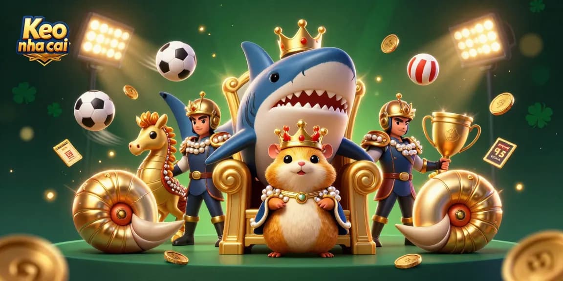 Experience Keo nha cai with an illustrated casino scene featuring vibrant sports betting elements and a golden hamster king.