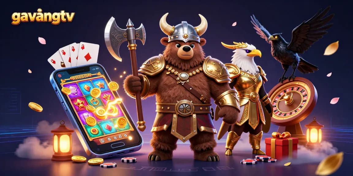 Join the excitement at gavangtv with a dynamic 3D casino scene featuring animated characters and games.