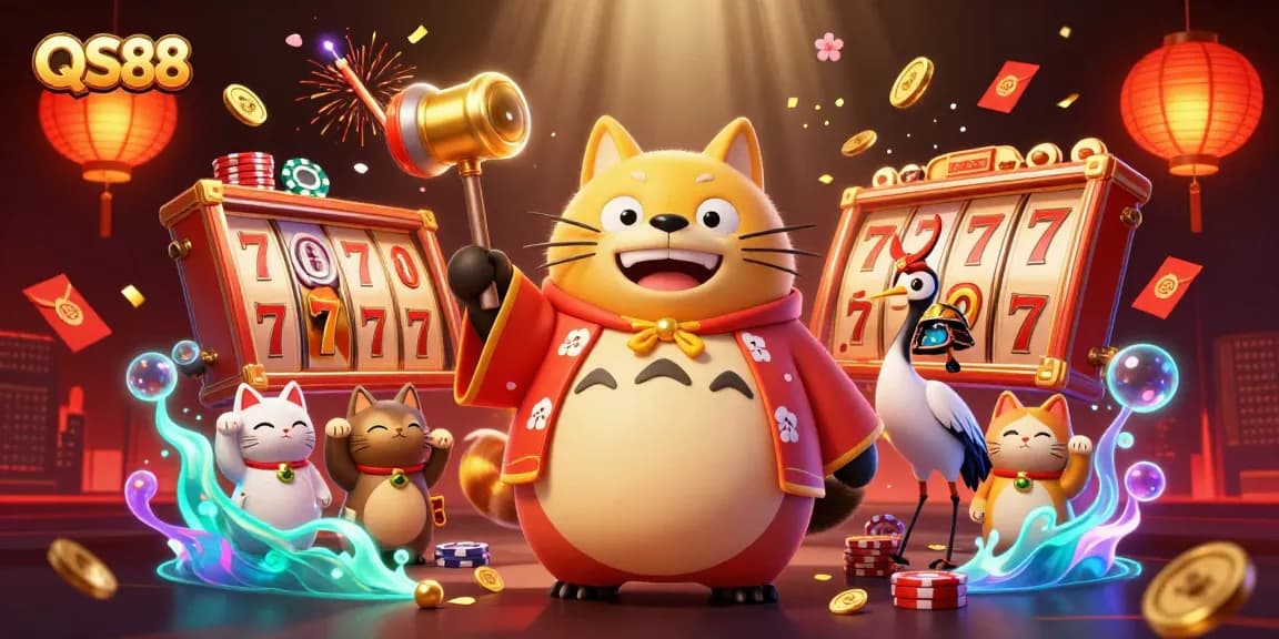 Experience the excitement of QS88 casino with charming characters amidst vibrant gaming elements.