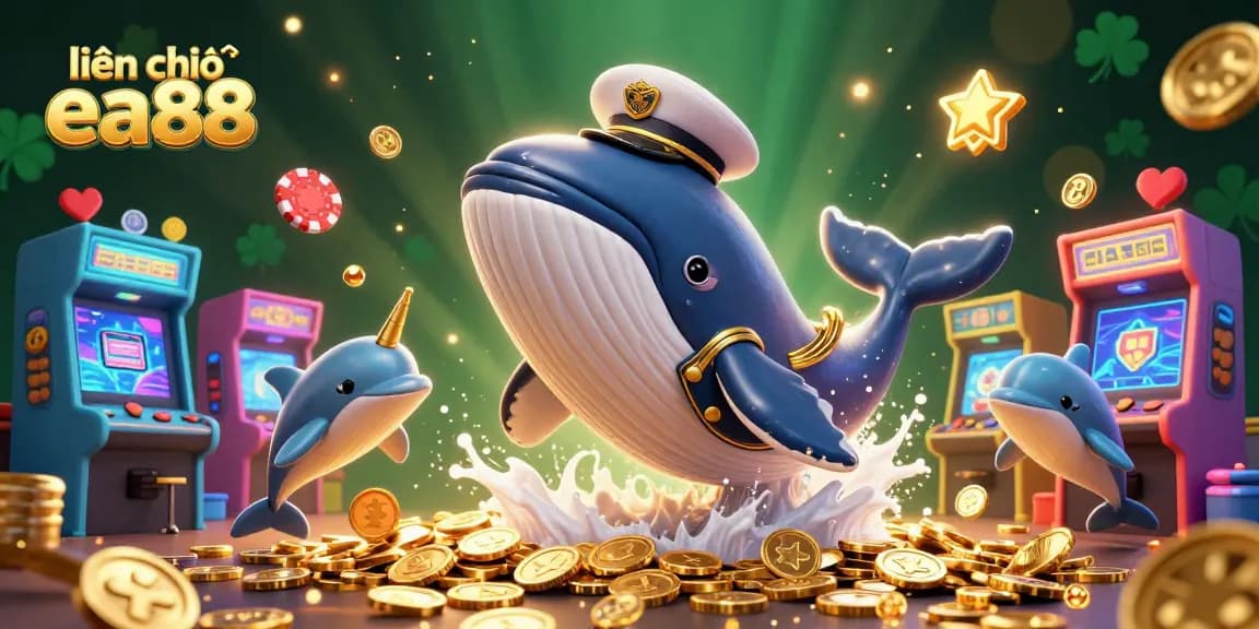 Engage with liên hệ ea88 through a vibrant casino scene featuring a whale, narwhal, and dolphins.
