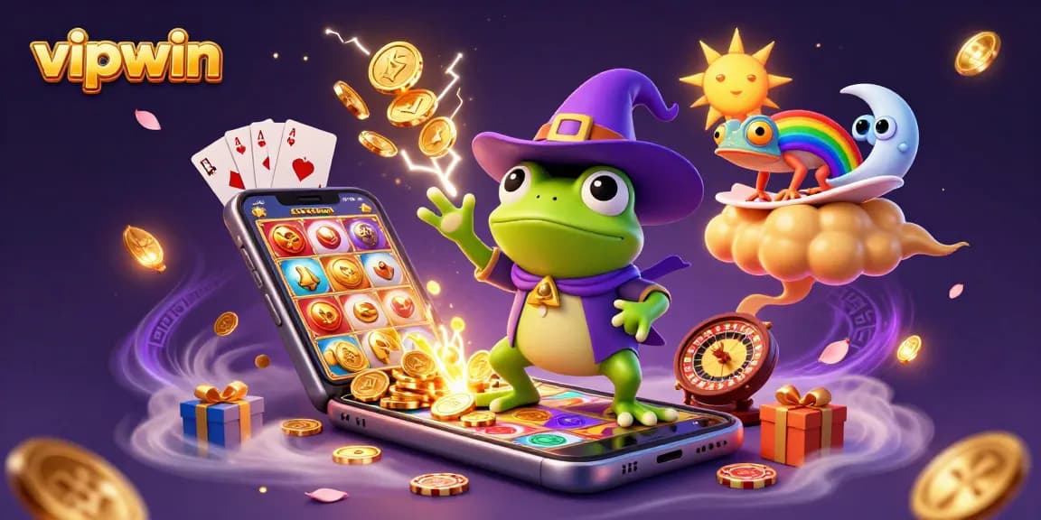 Spin winning jackpots with vipwin in this vibrant, detailed casino illustration featuring a wizard, chameleon, and exciting game elements.