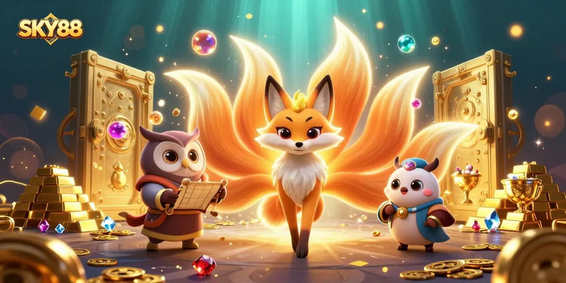 Spin to win at SKY88 with vibrant casino heroes and treasures galore in this enchanting illustration