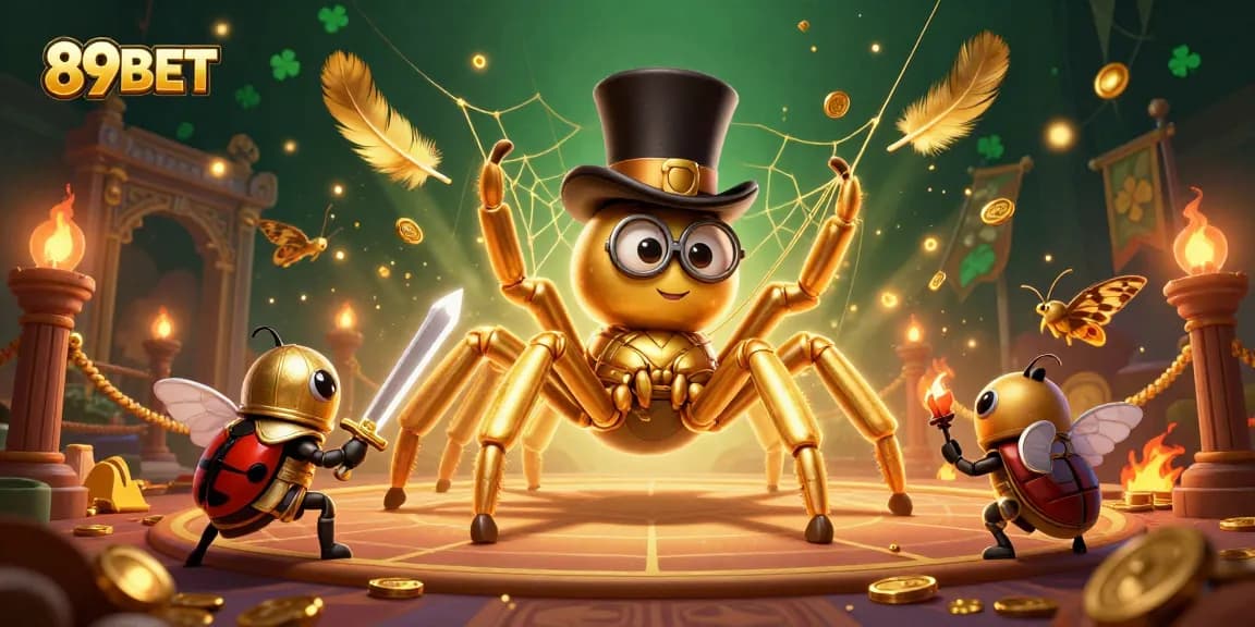 Experience the thrill of 89BET with a golden tarantula and beetle knight in a vibrant casino scene.