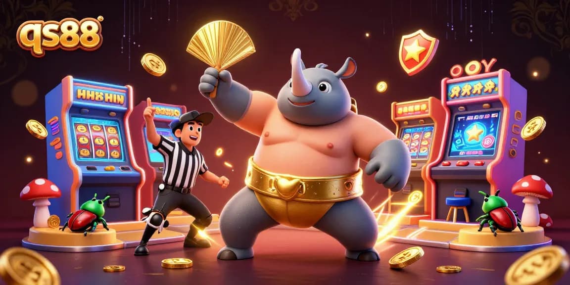 Exciting qs88 gaming scene featuring a beetle champion scattering gold coins amidst colorful casino elements.