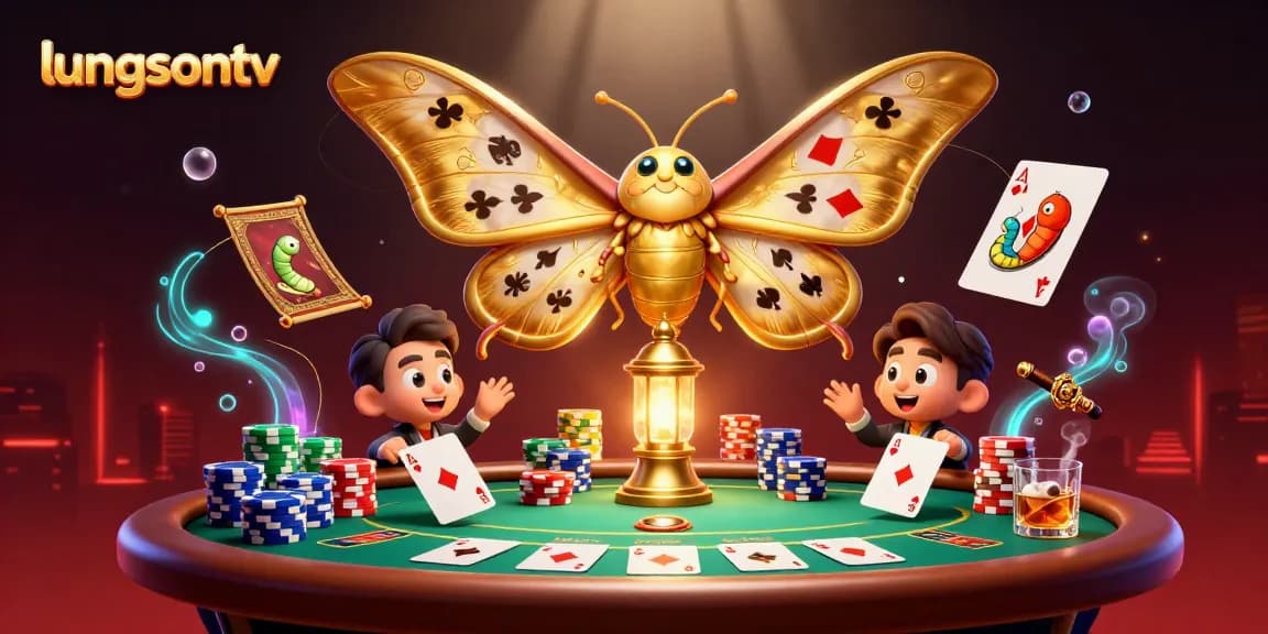 luongsontv showcases a vibrant casino scene with a golden moth and poker elements.