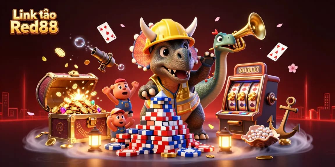 Engage with thrilling games at Link vào Red88, seeing the celebration of players in a vibrant 3D casino scene.