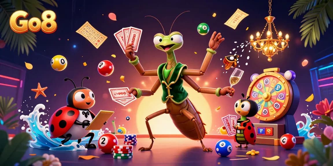 Go8 offers thrilling casino experiences with vibrant illustrations of card games, lottery balls, and winning moments.