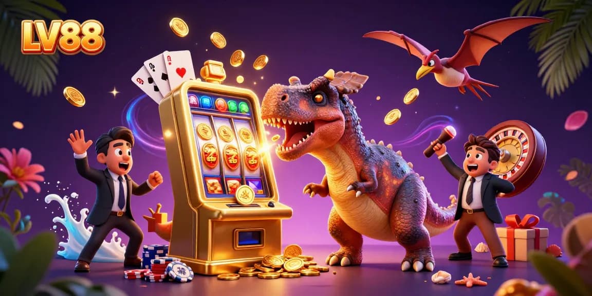 LV88 showcases a fun scene of a pachycephalosaurus jackpot, exciting casino elements flying around.