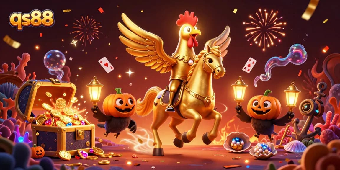 Experience the thrill at qs88 with a magical casino scene featuring a golden rooster and vibrant game elements.
