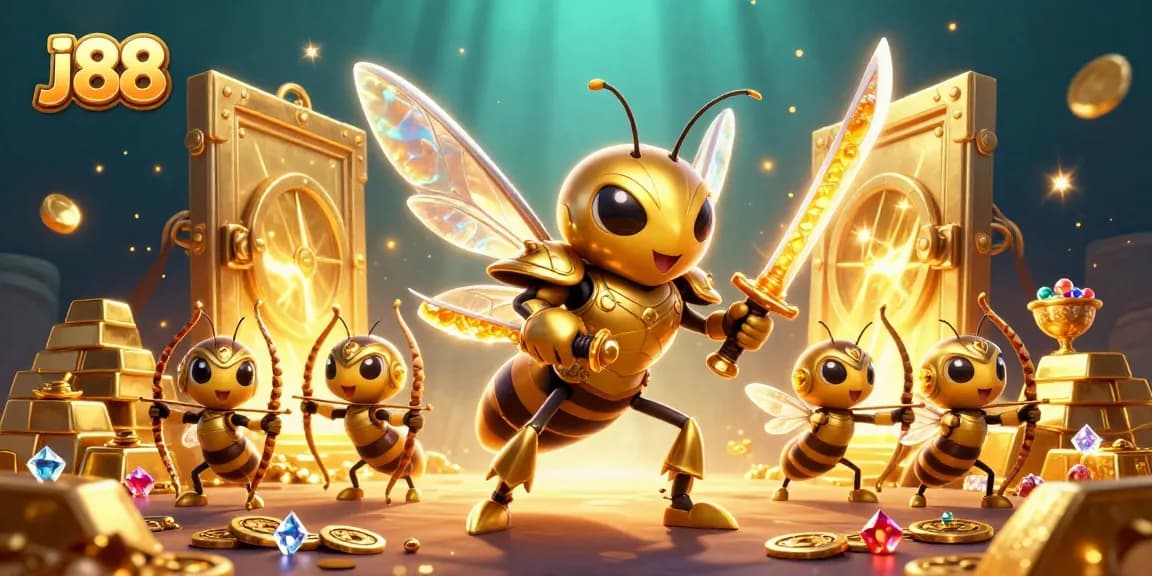 Experience the excitement of j88 with a vibrant 3D illustration showcasing a hornet in samurai armor amid gold treasures.