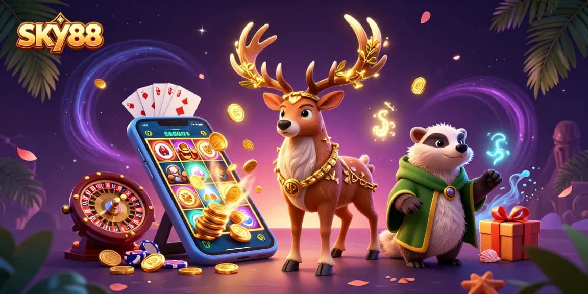 Engage with SKY88's vibrant online gaming experience featuring slots, cards, and dynamic casino visuals.