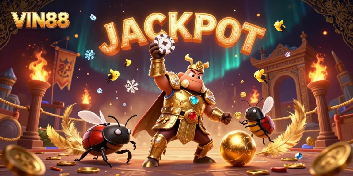 VIN88 presents a vibrant gaming scene with a victorious beetle and jackpot celebration, perfect for online gamblers.