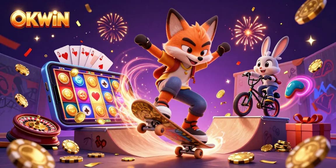 Engage with OKWIN's vibrant casino atmosphere featuring a skateboarder fox and BMX-rabbit amidst casino games.