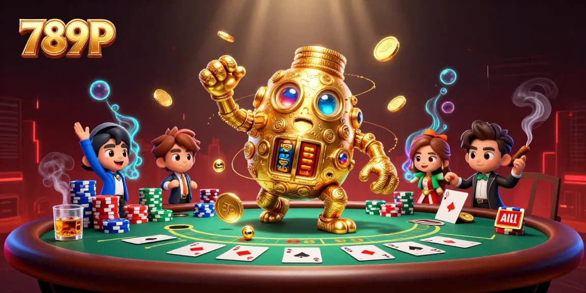 Experience the excitement of 789P with a dynamic illustration of a golden golem amidst poker and casino elements.