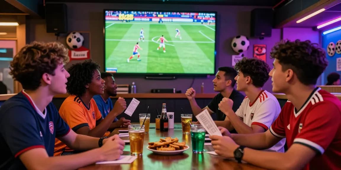 Voetbalweddenschappen in een bruisende sportbar met enthousiaste fans en live wedstrijden.