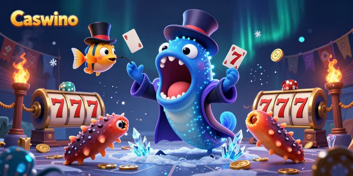 Caswino casino features an enchanting 3D scene with a magician gulper eel performing card tricks amidst sparkling slot reels and coins.