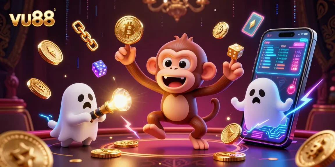 Experience thrilling gaming at vu88 with our haunted casino scene featuring playful characters and glowing crypto coins.