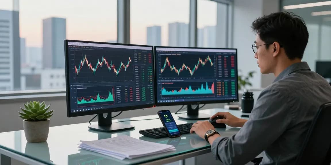 Focused investor analyzing data to buy in BRICS crypto in a modern office setup.