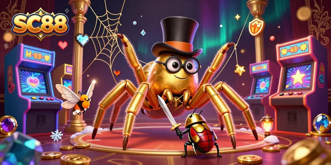 Engage with SC88's vivid online casino realm, featuring a vibrant golden tarantula and dynamic gaming elements.