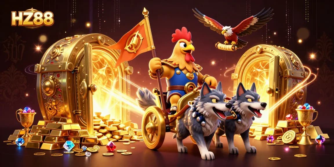 Experience the thrill of HZ88 with this dynamic 3D casino-themed illustration showcasing a rooster warlord amidst treasures.