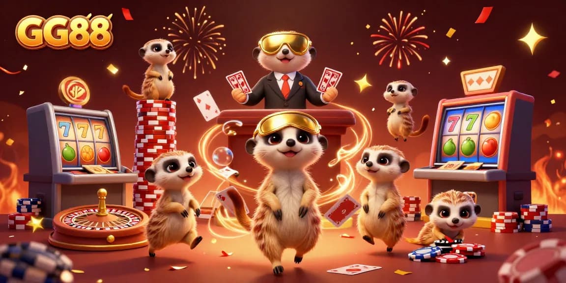 Experience the thrill of GG88's 3D casino, featuring meerkats amidst vibrant gaming elements & jackpot excitement.