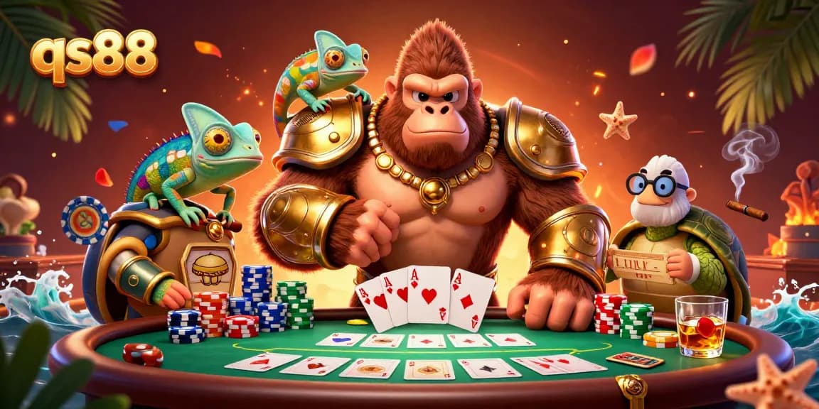 Engage in thrilling gameplay with qs88 at a vibrant poker scene featuring a gorilla king and his companions.