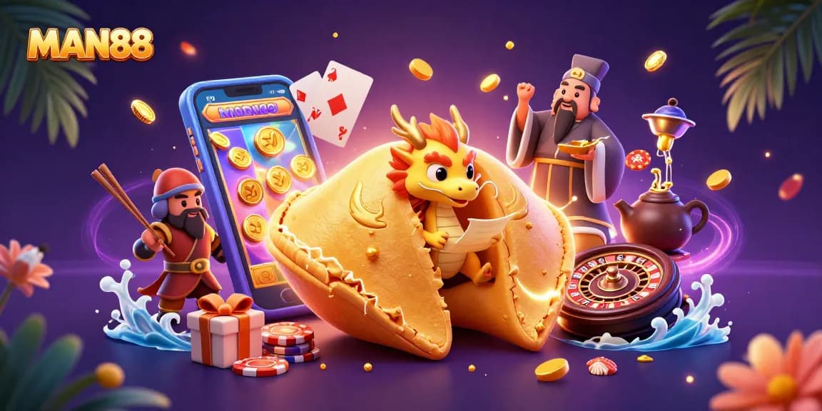 Engage in thrilling gameplay at MAN88 with vibrant slots and golden treasures enveloping a lucky fortune cookie scene.