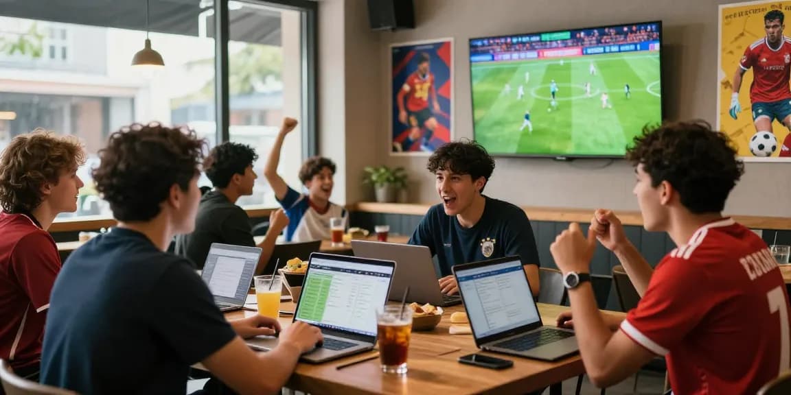 Kèo nhà cái discussion among friends in a lively soccer café during a major match.