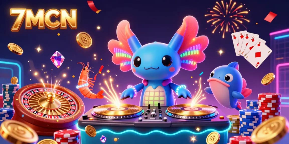 Experience the excitement at 7MCN with a vibrant casino scene featuring an axolotl DJ and dynamic elements.