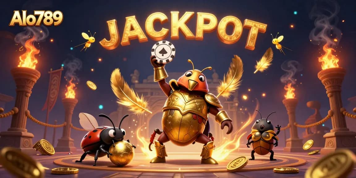 Alo789 showcases a victorious hercules beetle trading poker chips in a colorful gambling scene.