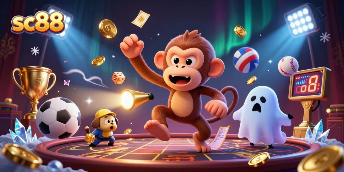 Experience thrilling moments at sc88 as a monkey juggles golden betting elements in a haunted casino.