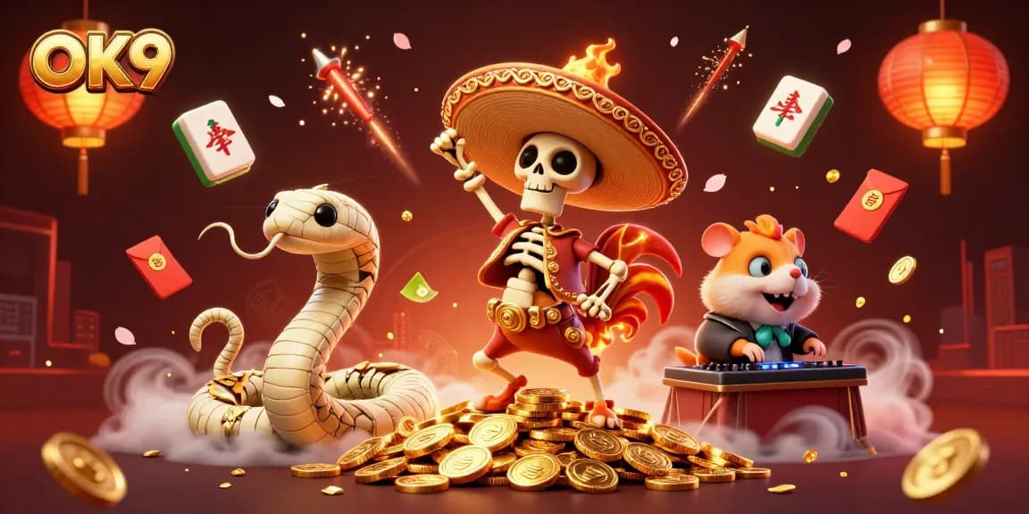 Engage with OK9's exciting gaming world through vibrant illustrations featuring a lively mariachi rooster celebrating victory.