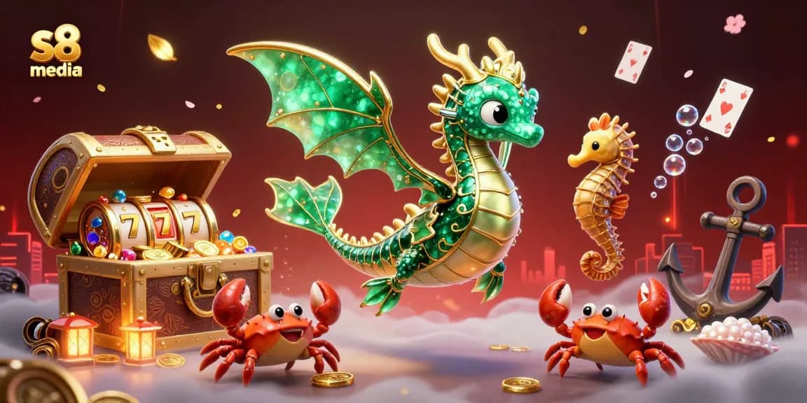S8 media showcases an immersive gaming experience with vibrant dragons and treasures in a bustling casino.